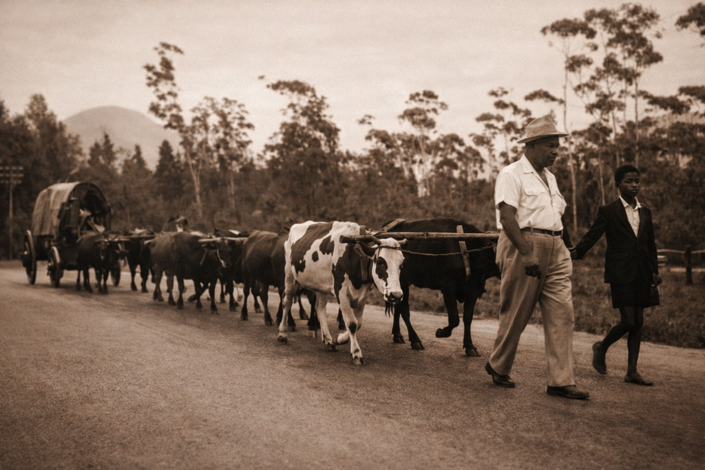 cows in the gravel road dragging a cart